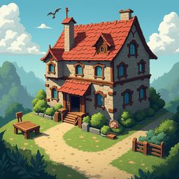 A two-story stone house with a red roof, chimney, and blue windows sits on a hill, surrounded by greenery, a wooden bench, and a bird in flight.
