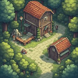 A two-story wooden cabin with a red tiled roof, porch, and chimney sits in a lush forest, accompanied by a smaller wooden structure and figures.