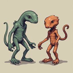 Two stylized creatures, one green and one orange, stand facing each other against a light beige background.