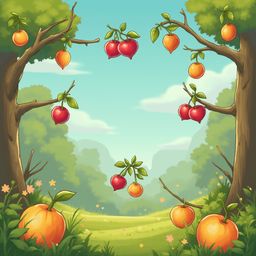 Two trees with orange and red fruits frame a picturesque landscape of green trees and pink flowers.