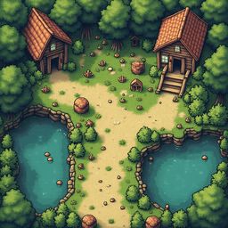 Two wooden cabins, a dirt path, and two ponds are nestled within a forest, creating a rustic scene.