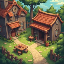 Two wooden houses with red roofs and greenery are connected by a stone path, with a table and chairs set up for outdoor dining.