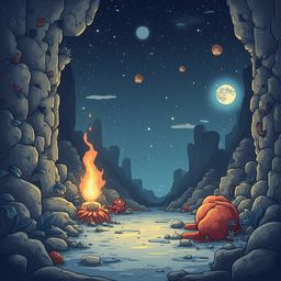 Under a starry night sky, a red creature rests near a glowing orange flower in a cave-like setting.