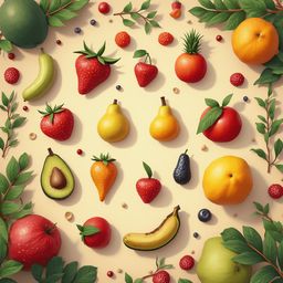 A vibrant arrangement of various fruits, including strawberries, bananas, oranges, apples, pears, avocados, and peaches, is displayed against a light yellow backdrop.