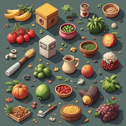 A vibrant assortment of fruits and vegetables, including bananas, tomatoes, peas, pumpkins, apples, oranges, berries, and herbs, is arranged on a dark green background.