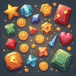 A vibrant collection of cartoon-style gemstones and coins in various shapes, sizes, and colors, scattered across a dark gray background.