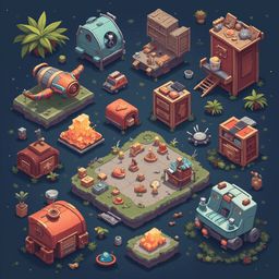 A vibrant isometric scene showcases a futuristic village with unique buildings, vehicles, and natural elements.