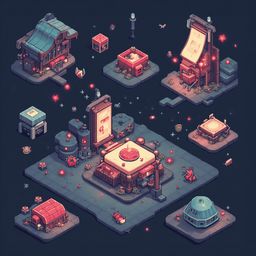 A vibrant, pixel art scene features buildings in red, blue, and green hues, with scattered objects and glowing red accents.