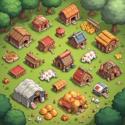 A village of wooden houses, farm buildings, and animals coexists in a lush green forest.