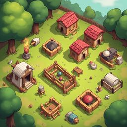 A village scene features red-roofed houses, trees, fields, and various objects, including a fire pit, bench, barrel, and birdcage.