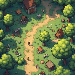 A village scene features wooden buildings, trees, bushes, animals, and people engaged in various activities.