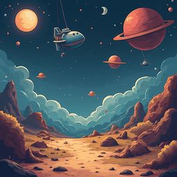 A whimsical, cartoon-style space scene features a blue spaceship, planets, stars, and a crescent moon, set against a gradient sky and rocky landscape.