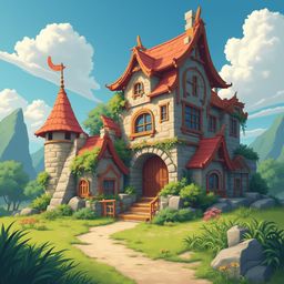 A whimsical castle with red roof and turret, stone walls, and lush garden, set against a mountainous backdrop.