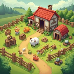 A whimsical farm scene features a red-roofed barn, wooden crates, a white sheep, a red tractor, and various animals.