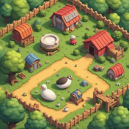 A whimsical farm scene features red and orange buildings, trees, ducks, chickens, and a pond, surrounded by lush greenery.