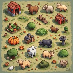 A whimsical farm scene features various animals, a red barn, a pumpkin, and flowers, all set against a light green backdrop.