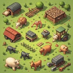 A whimsical farm scene features various animals, a barn, tractor, and farm equipment, set in a lush green environment.