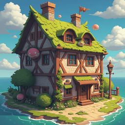 A whimsical house with green roof, pink roof, and wooden beams sits on a small island surrounded by blue water, with pink clouds in a bright blue sky.