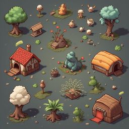 A whimsical isometric scene features various small houses, trees, plants, and a blue creature with red-flowered bushes.