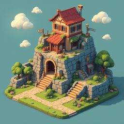 A whimsical, multi-level house with a red roof sits atop a grassy hill, surrounded by trees and flowers.