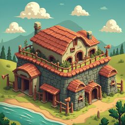 A whimsical, multi-level house with a red-tiled roof sits on a grassy hill beside a serene river, with green trees and majestic mountains in the distance.