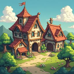 A whimsical, multi-leveled house with a red roof, flag, and garden sits on a hill, surrounded by trees and mountains.