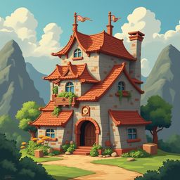 A whimsical red-roofed castle with a chimney, flag, and garden sits amidst trees and mountains, inviting exploration.