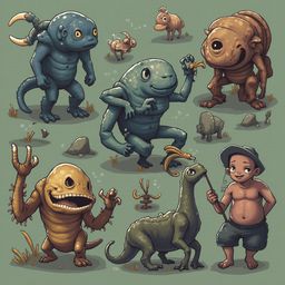 A whimsical scene features various fantastical creatures, including a blue-skinned dragon, a green humanoid, a yellow-skinned reptile, and a brown-skinned cow, amidst a child and rocks.