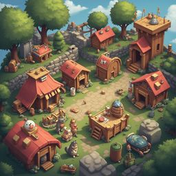A whimsical village scene features wooden buildings, red roofs, trees, and animals, set against a blue sky with clouds.