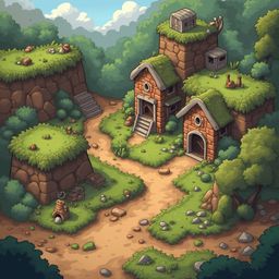 A whimsical village with red brick buildings, trees, and rocks is set on a hillside, accessible via a dirt path.