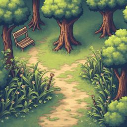 A winding dirt path leads through a lush green forest, flanked by tall trees and bushes, with a wooden bench on the left side.