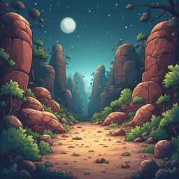 A winding dirt path leads through a stylized, fantastical landscape with towering reddish-brown mountains, trees, and a full moon.