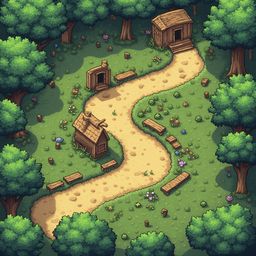 A winding dirt path traverses a lush forest, flanked by wooden structures and vibrant foliage.