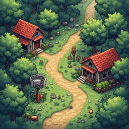 A winding dirt path traverses a lush green forest, flanked by red-roofed houses and trees, with figures strolling and grazing in the distance.