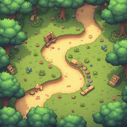 A winding dirt path traverses a lush green forest, flanked by trees, bushes, and colorful flowers.