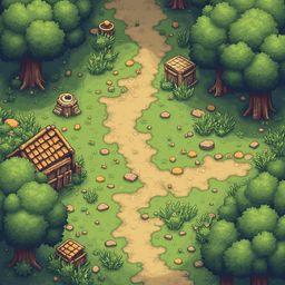 A winding dirt path traverses a lush green forest, flanked by trees, rocks, and wooden structures.