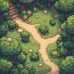 A winding dirt path traverses a lush green forest, flanked by trees and rocks.