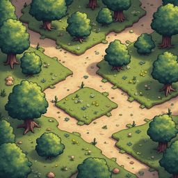 A winding dirt path traverses a verdant forest, flanked by trees and shrubs with pink and yellow flowers.