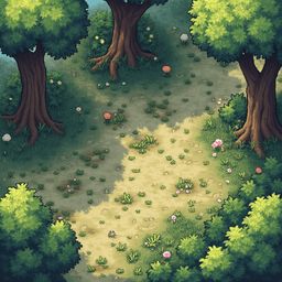 A winding forest path, lined with trees and colorful flowers, leads to a clearing with tall trees and a blue sky.