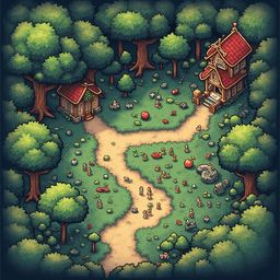 A winding path in a forest features two red-roofed buildings, surrounded by trees and colorful objects.