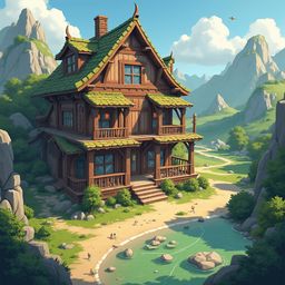 A wooden cabin with a green roof sits near a tranquil lake, surrounded by lush greenery and majestic mountains.