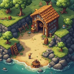 A wooden cabin with a tiled roof sits on a rocky cliff overlooking a body of water, surrounded by trees and rocks.