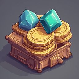 A wooden chest holds a stack of gold coins and two faceted gemstones, one blue and one green, against a gray backdrop.