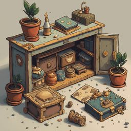 A wooden chest with shelves, potted plants, and containers sits on a bed of blue pebbles against a light gray backdrop.