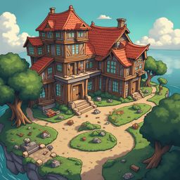 A wooden house with a red roof sits on a small island surrounded by water and colorful flowers.