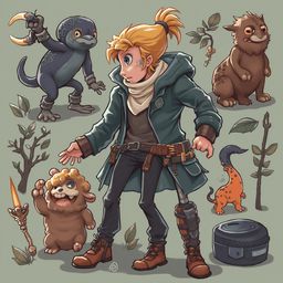 A young blond-haired character, dressed in green and brown, interacts with fantastical creatures in a lush setting.