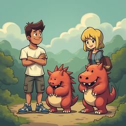 A young boy and girl stand on a path with a friendly red dragon-like creature, surrounded by trees and clouds.