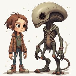 A young boy in brown and a green alien with orange spots stand together, facing each other against a light beige background with scattered dots.