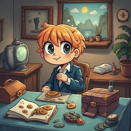 A young boy with orange hair, wearing a blue suit, smiles at a desk filled with objects, including a clock, plant, suitcase, and book.