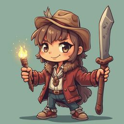 A young girl with brown hair, wearing a cowboy hat and holding a torch and sword, stands against a light blue background.